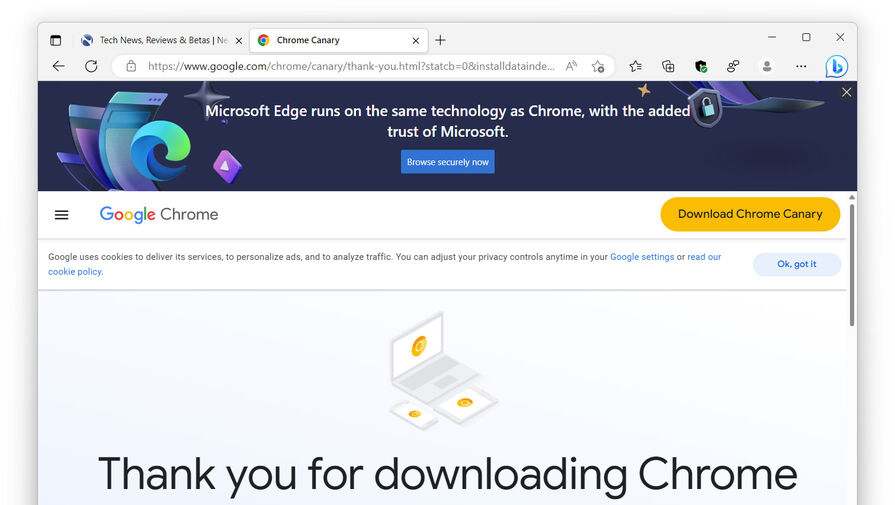 Браузер от Microsoft встраивает в сайт Google Chrome баннеры с призывом остаться на Edge