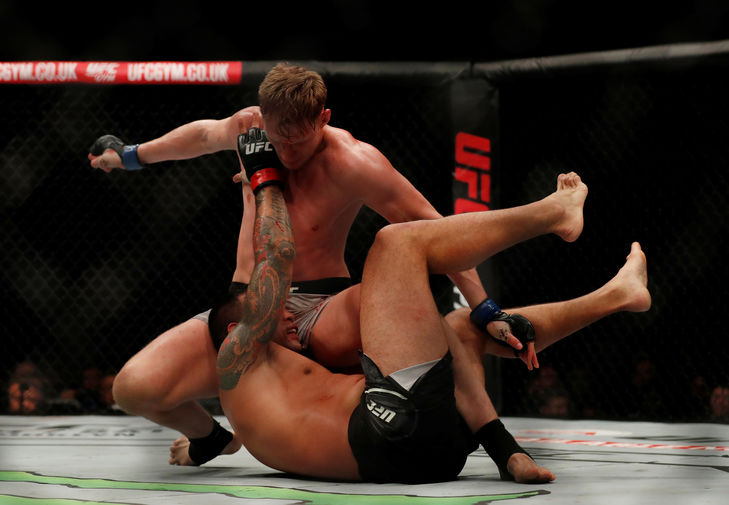 Российский боец UFC Александр Волков бьет бразильца Фабрисио Вердума