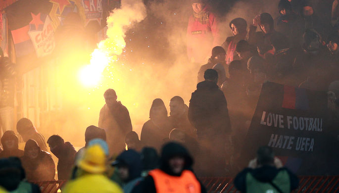 Болельщики ЦСКА в первом матче 1/16 финала Лиги Европы против белградской «Црвены...