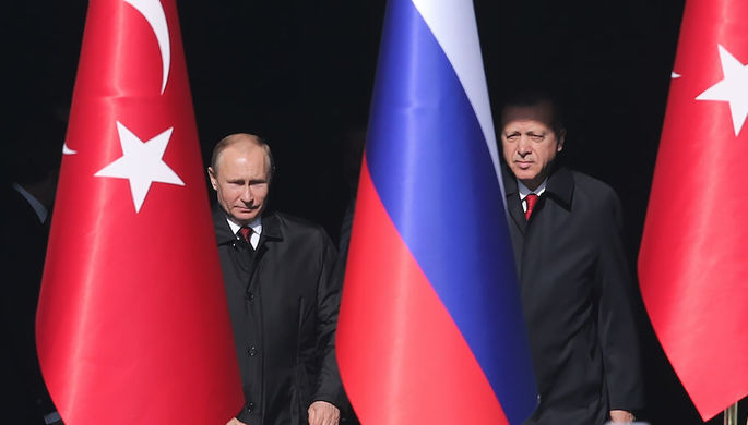 Президент России Владимир Путин и президент Турецкой Республики Реджеп Тайип Эрдоган во время...