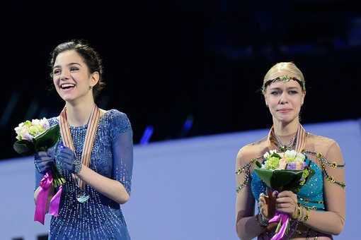 Евгения Медведева и Анна Погорилая на чемпионате мира по фигурному катанию в Бостоне