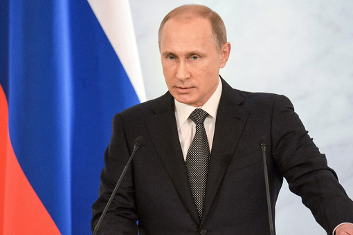 Президент России Владимир Путин во время оглашения ежегодного послания президента Российской Федерации Федеральному Собранию в Георгиевском зале Кремля.