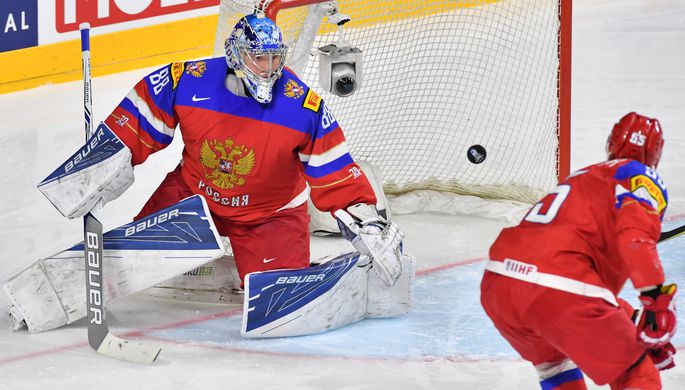 Вратарь сборной России Андрей Василевский в матче за третье место чемпионата мира по хоккею –...