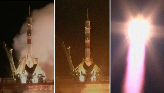 Ракета-носитель «Союз-ФГ» с пилотируемым кораблем «Союз МС-12» после старта...