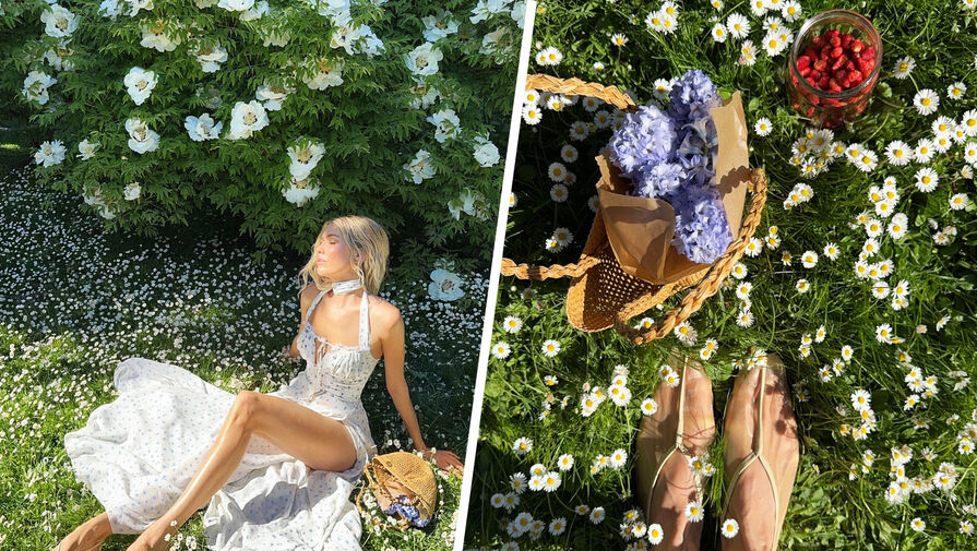 Модель Лена Перминова снялась в платье с разрезом и глубоким декольте на пикнике