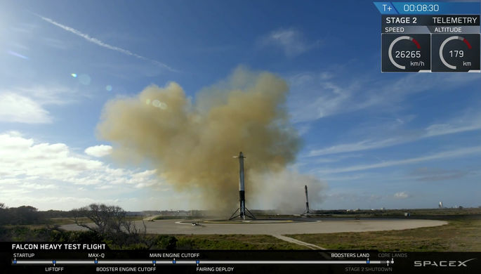 Во время запуска ракеты-носителя Falcon Heavy компании Илона Маска SpaceX с мыса Канаверал во...