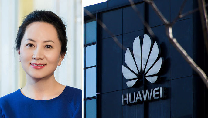 Финансовый директор Huawei Technologies Мэн Ванчжоу и логотип компании на здании офиса в Пекине...
