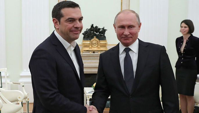 Встреча президента России Владимира Путина с премьер-министром Греции Алексисом Ципрасом в Кремле, 7...