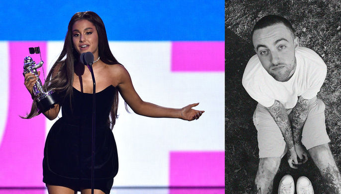 Ариана Гранде во время церемонии MTV Video Music Awards и фотография ее экс-бойфренда Мака Миллера...
