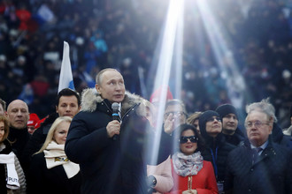 Президент России Владимир Путин во время митинга «За сильную Россию!» на стадионе «Лужники», 3 марта 2017 года