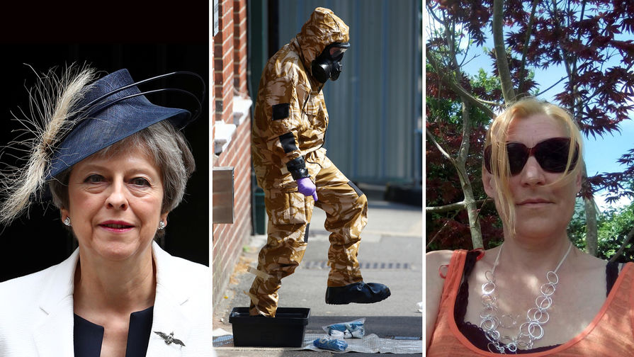 Премьер-министр Великобритании Тереза Мэй, специалист в защитном костюме на месте происшествия в Эймсбери и погибшая в результате отравления Дон Стерджесс, коллаж