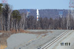  Ракета-носитель «Союз-2.1а» с российскими космическими аппаратами «Ломоносов», «Аист-2Д» и наноспутником SamSat-218 на стартовом комплексе космодрома Восточный