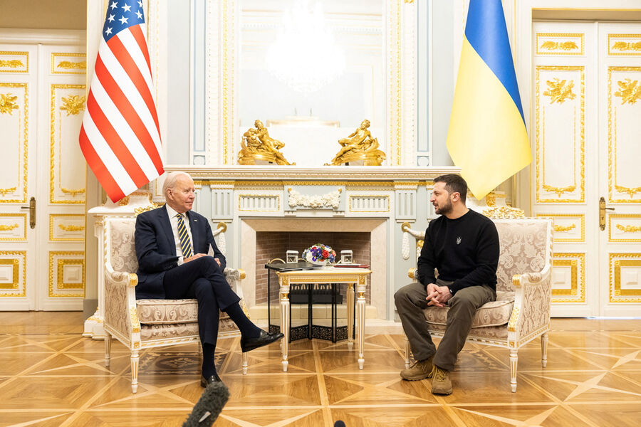 Президент США Джо Байден и президент Украины Владимир Зеленский во время встречи в&nbsp;Киеве, 20&nbsp;февраля 2023&nbsp;года

