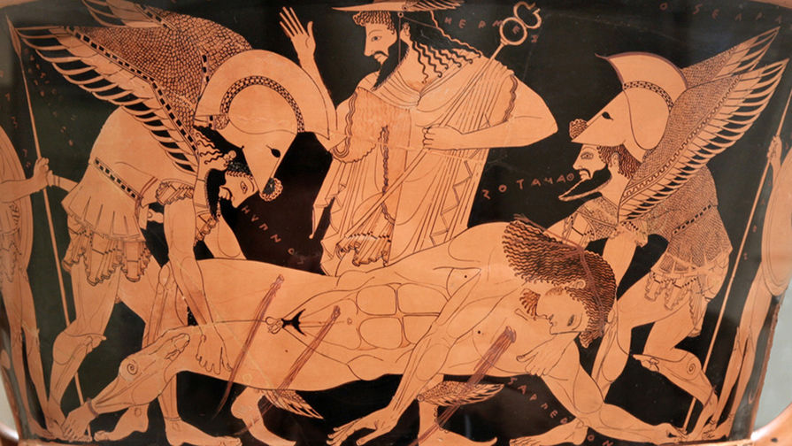 Гипнос и Танатос уносят Сарпедона, Гермес наблюдает (древнегреческая мифология)