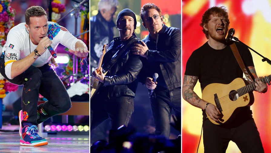 Крис Мартин (Coldplay), Боно (U2) и Эд Ширан