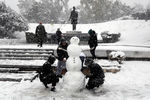 Дети слепили снеговика во время снегопада в Афинах, 24 января 2022 года