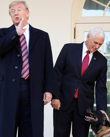 Президент США Дональд Трамп, вице-президент Майк Пенс и служебный пес Конан у Белого дома в Вашингтоне, 25 ноября 2019 года