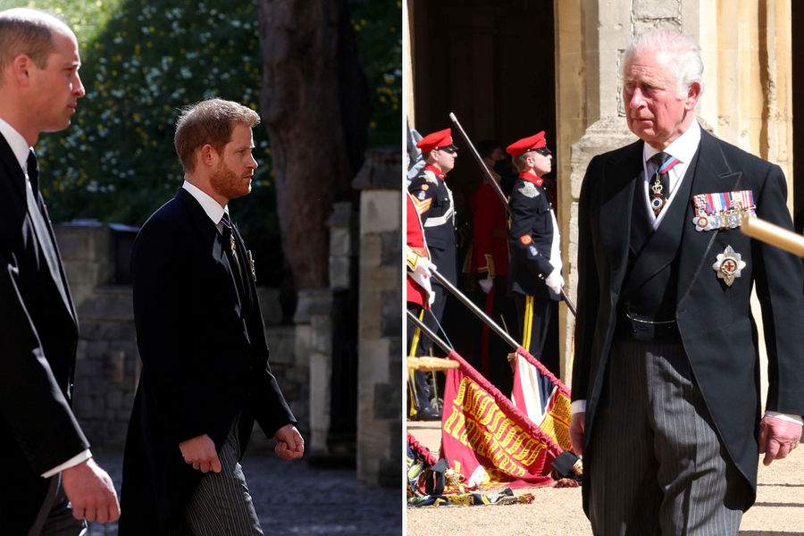Принц Уильям и принц Гарри (слева) и принц Чарльз в день похорон принца Филиппа, 17 апреля 2021 года