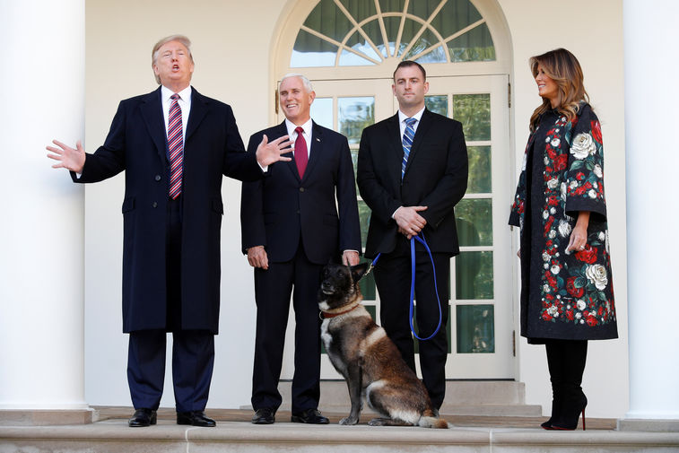 Президент США Дональд Трамп, первая леди Меланья Трамп, вице-президент Майк Пенс и служебный пес Конан у&nbsp;Белого дома в&nbsp;Вашингтоне, 25 ноября 2019 года