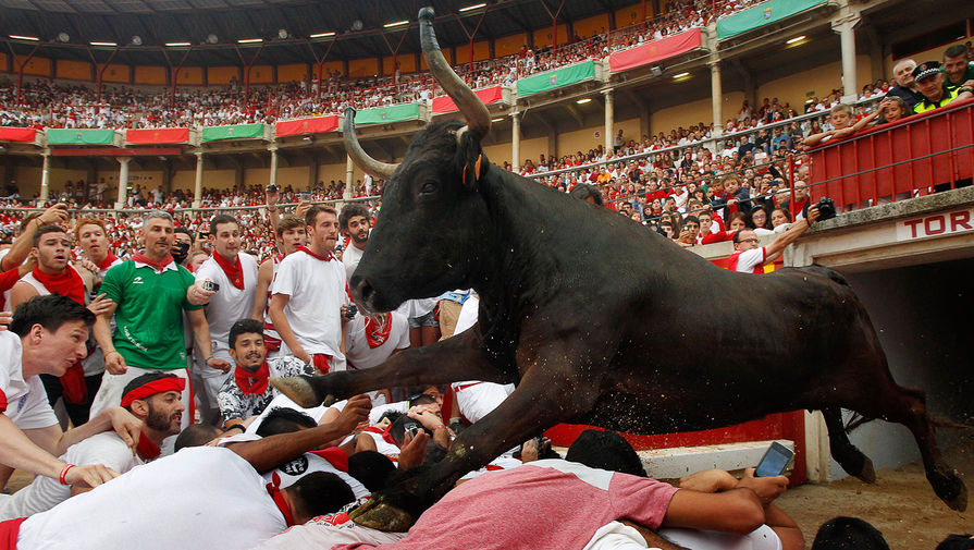 Забег быков во время ежегодного фестиваля Сан-Фермин в&nbsp;Памплоне на&nbsp;севере Испании
