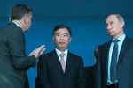 Вице-премьер Госсовета КНР Ван Ян (в центре) и президент России Владимир Путин (справа) во время посещения Приморского океанариума на острове Русский
