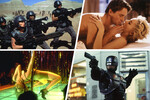 Кадры из фильмов «Звездный десант» (1997), «Основной инстинкт» (1992), «Шоугелз» (1995) и «Робокоп» (1987)