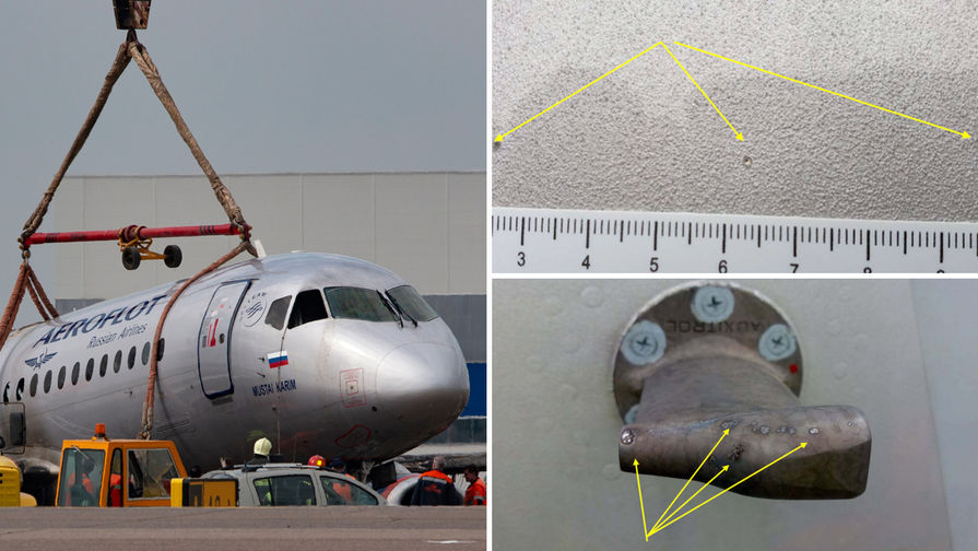 На месте крушения самолета Sukhoi Superjet 100 в аэропорту Шереметьево и кадры из отчета МАК, коллаж
