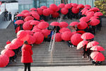 Ученики одной из школ Сеула выложили из красных зонтов символ борьбы со СПИДом возле своего учебного заведения