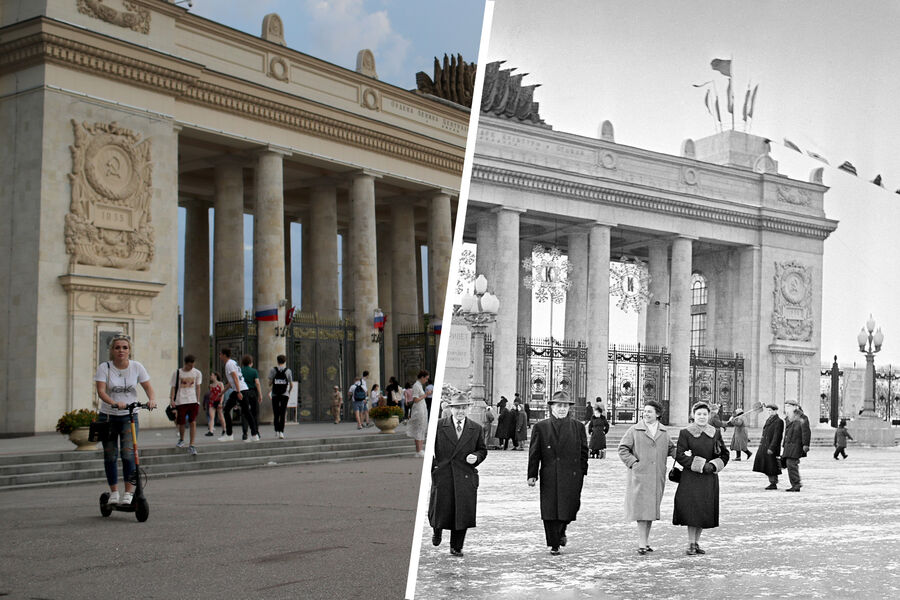Горожане на&nbsp;площади перед&nbsp;центральным входом в&nbsp;Парк Горького в&nbsp;2020-м и 1957-м годах 