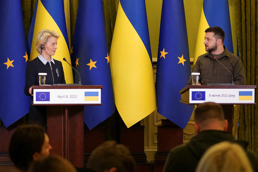 Председатель Европейской комиссии Урсула фон дер Ляйен и президент Украины Владимир Зеленский, 8 апреля 2022 года
