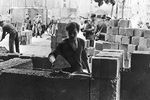 Рабочий закладывает первые камни Берлинской стены, 13 августа 1961 года