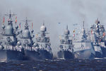 Боевые корабли во время Главного военно-морского парада в честь Дня Военно-Морского Флота России, 26 июля 2020 года