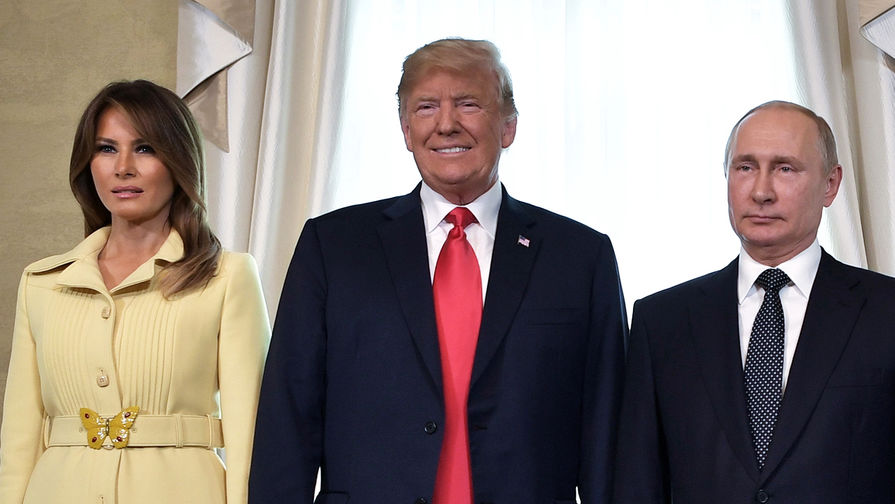 Первая леди США Меланья Трамп, президент США Дональд Трамп и президент России Владимир Путин во время встречи в&nbsp;Хельсинки, 16 июля 2018 года