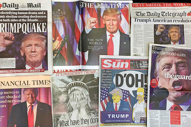 Британские газеты. Daily Mirror: «Что они наделали?», Daily Mail: «Трампотрясение», The Guardian: «Трамп победил, теперь весь мир подождет», The Sun с отсылкой к мультсериалу «Симпсоны»