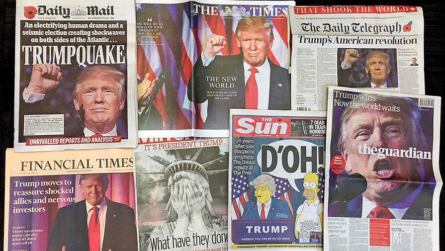 Британские газеты. Daily Mirror: &laquo;Что они наделали?&raquo;, Daily Mail: &laquo;Трампотрясение&raquo;, The Guardian: &laquo;Трамп победил, теперь весь мир подождет&raquo;, The Sun с&nbsp;отсылкой к&nbsp;мультсериалу &laquo;Симпсоны&raquo;