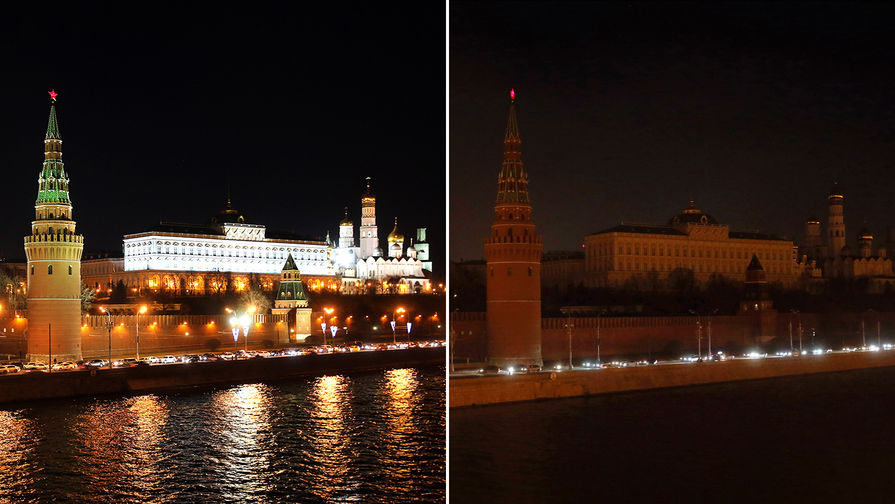 Вид на Кремлевскую набережную с подсветкой и после ее отключения в рамках экологической акции «Час Земли», 28 марта 2015 года