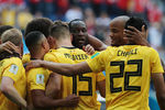 Игроки сборной Бельгии радуются забитому голу в матче за третье место чемпионата мира по футболу между сборными Бельгии и Англии