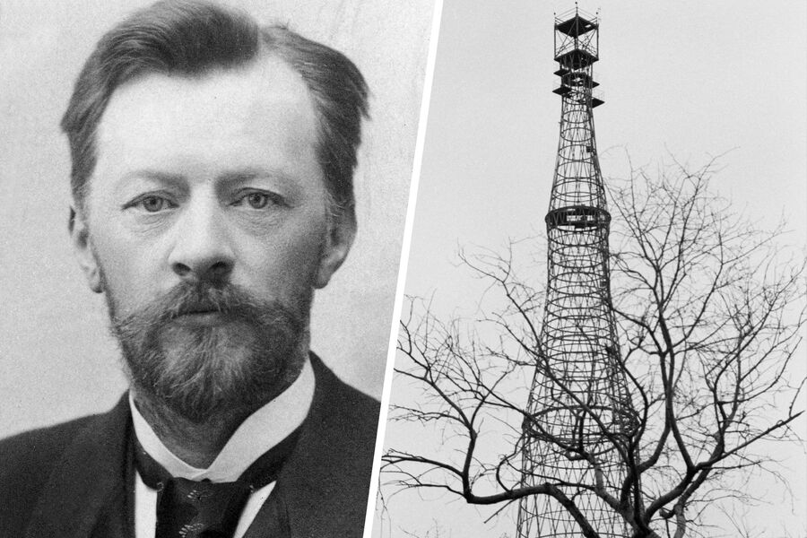 Владимир Шухов в 1891 году и Шуховская башня на Шаболовке в 1985 году
