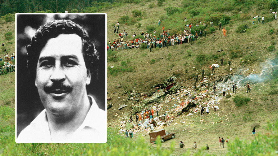 Место крушения самолета Boeing 727 авиакомпании Avianca в окрестностях Боготы в 1989 году и наркобарон Пабло Эскобар в 1988 году, коллаж
