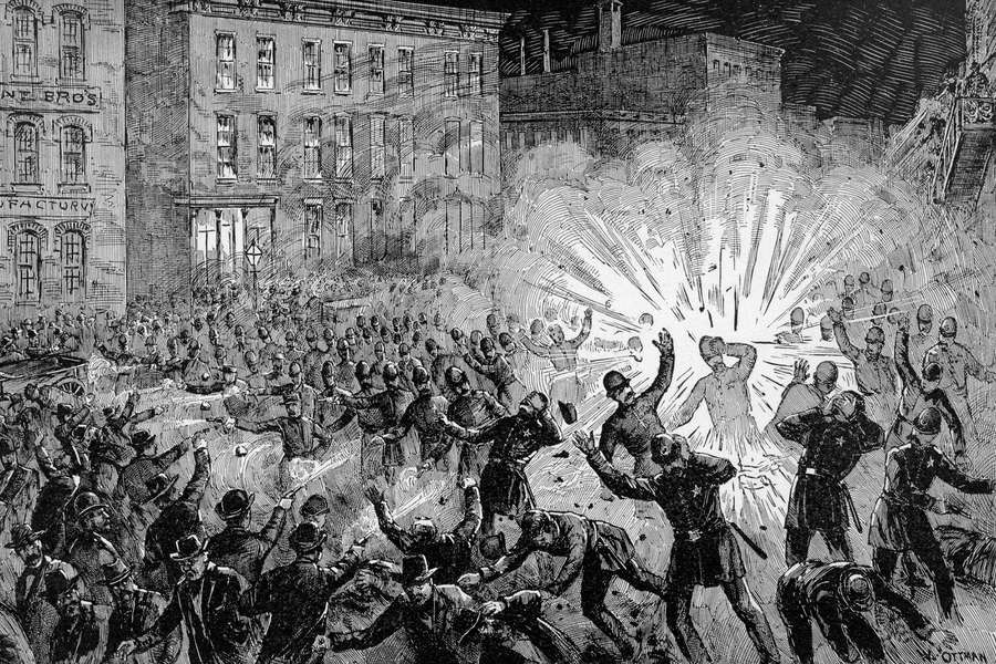 Забастовка рабочих на площади Хеймаркет в Чикаго, гравюра 1886 года