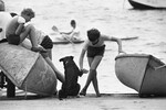 Ребята, занимающиеся парусным и гребным спортом, в яхт-клубе Таганрога, и их четвероногий друг, 1989 год