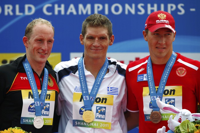 Томас Лурц (Германия, серебро), Спирос Янниотис (Греция, золото) и Сергей Большаков (Россия, бронза)