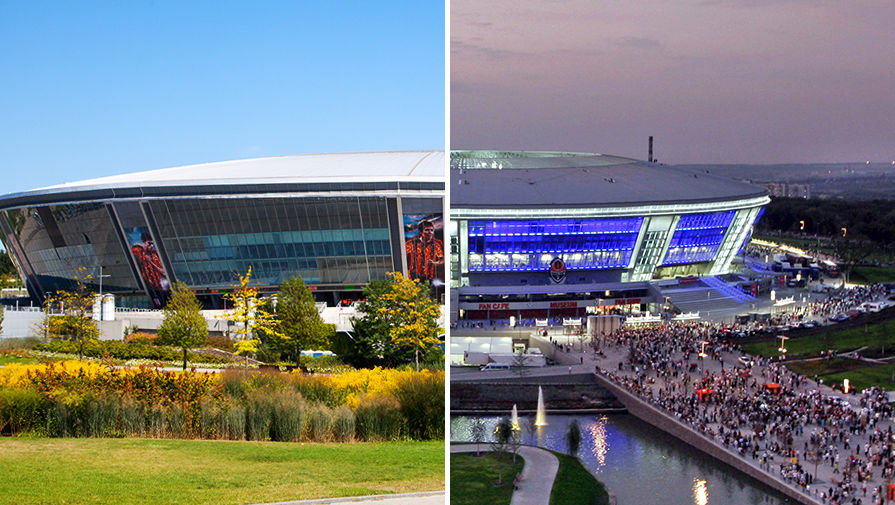 Слева: «Донбасс Арена» в&nbsp;августе 2016&nbsp;года, справа: открытие стадиона в&nbsp;августе 2009&nbsp;года