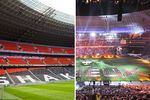 Слева: «Донбасс Арена» в августе 2016 года, справа: открытие стадиона в августе 2009 года