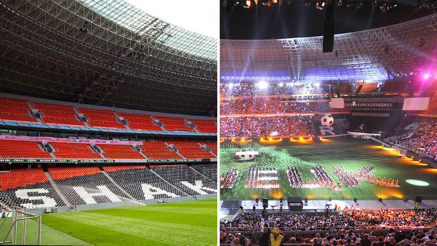 Слева: «Донбасс Арена» в&nbsp;августе 2016&nbsp;года, справа: открытие стадиона в&nbsp;августе 2009&nbsp;года