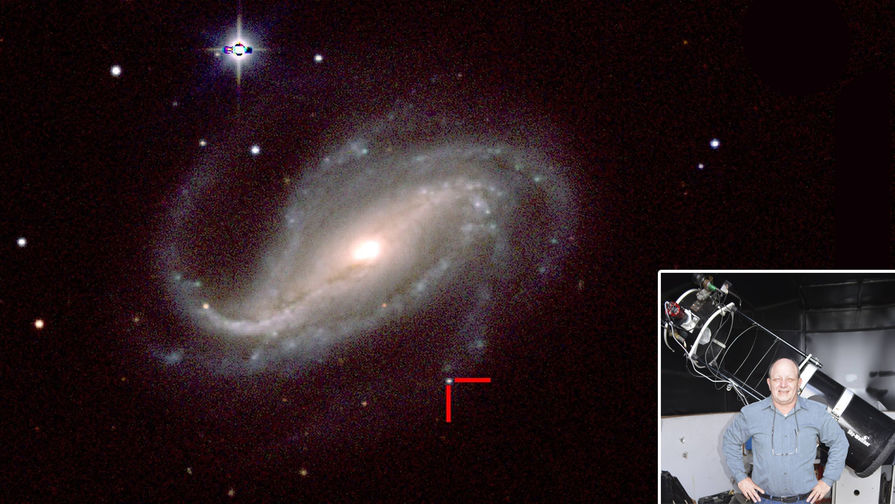 Сверхновая 2016gkg в спиральной галактике NGC 613 и Виктор Бузо на фоне своего телескопа, коллаж