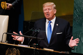 Президент США Дональд Трамп во время обращения к участникам Генассамблеи ООН в Нью-Йорке, 19 сентября 2017 года