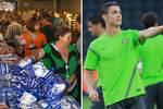 Слева: раздача гуманитарной помощи на «Донбасс Арене» в августе 2016 года, справа: Криштиану Роналду на тренировке перед полуфинальным матчем чемпионата Европы по футболу – 2012 между сборными командами Испании и Португалии