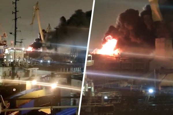 Пожар на военном корабле корвет «Проворный» проекта 20385 на «Северной верфи» в Санкт-Петербурге, 17 декабря 2021 года (кадр из видео)