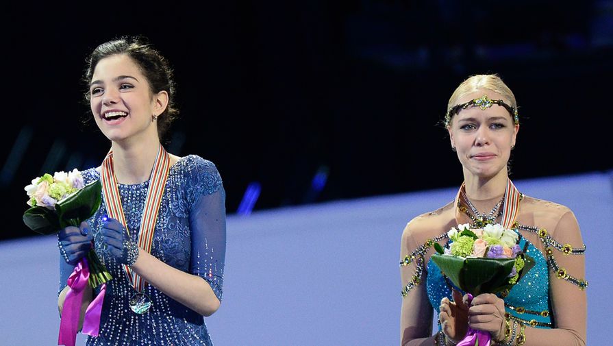 Евгения Медведева и Анна Погорилая на чемпионате мира по фигурному катанию в Бостоне 
